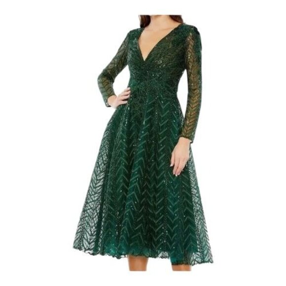 NWT MAC DUGGAL 20399 Long Sleeve Midi Party Dress Wrap Over Size14 Green Emerald - Picture 2 of 13